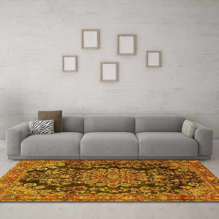 Machine Washable Medallion Yellow Traditional Rug in a Living Room, wshtr2785yw