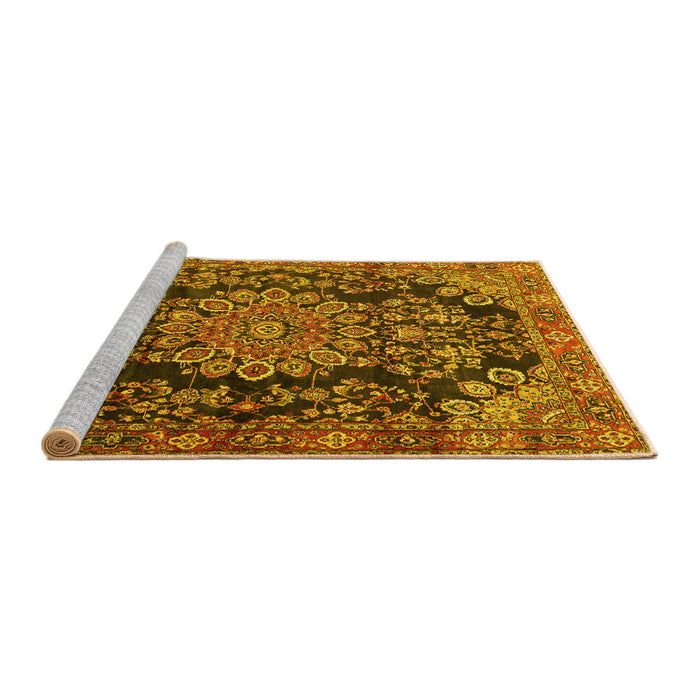 Sideview of Machine Washable Medallion Yellow Traditional Rug, wshtr2785yw