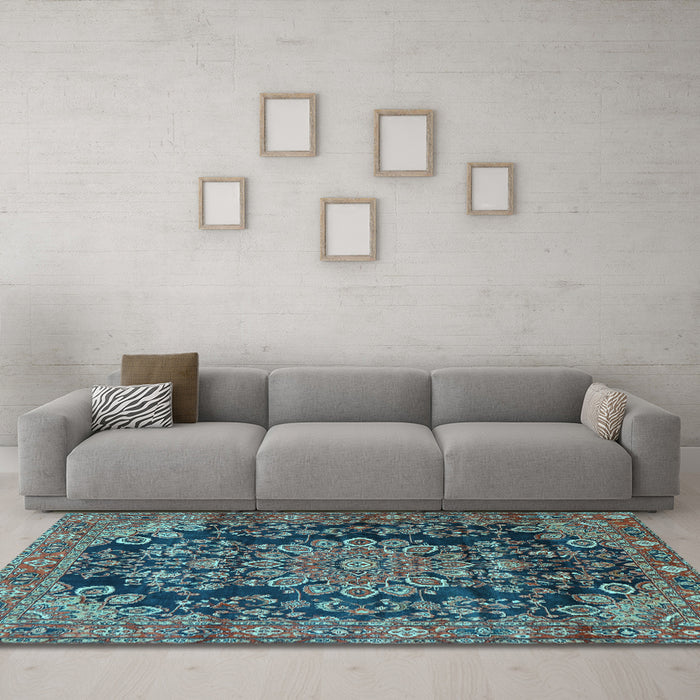 Machine Washable Medallion Light Blue Traditional Rug in a Living Room, wshtr2785lblu