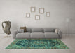 Machine Washable Medallion Turquoise Traditional Area Rugs in a Living Room,, wshtr2785turq