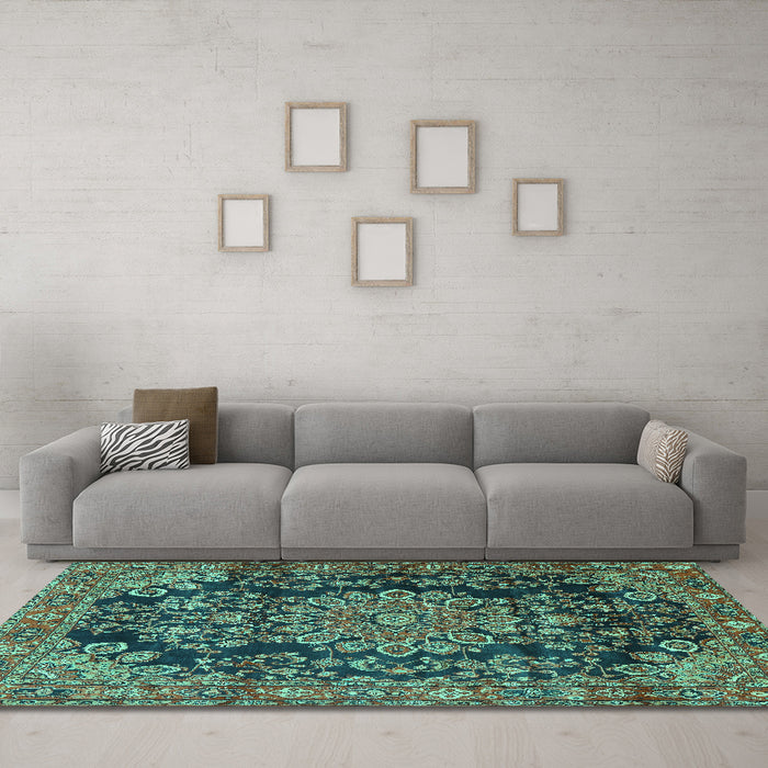 Machine Washable Medallion Turquoise Traditional Area Rugs in a Living Room,, wshtr2785turq