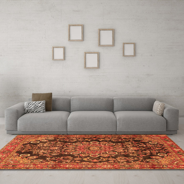 Machine Washable Medallion Orange Traditional Area Rugs in a Living Room, wshtr2785org
