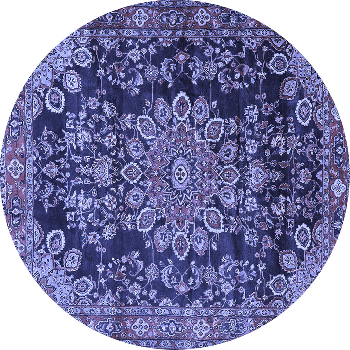 Round Machine Washable Medallion Blue Traditional Rug, wshtr2785blu