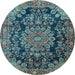 Round Machine Washable Medallion Light Blue Traditional Rug, wshtr2785lblu