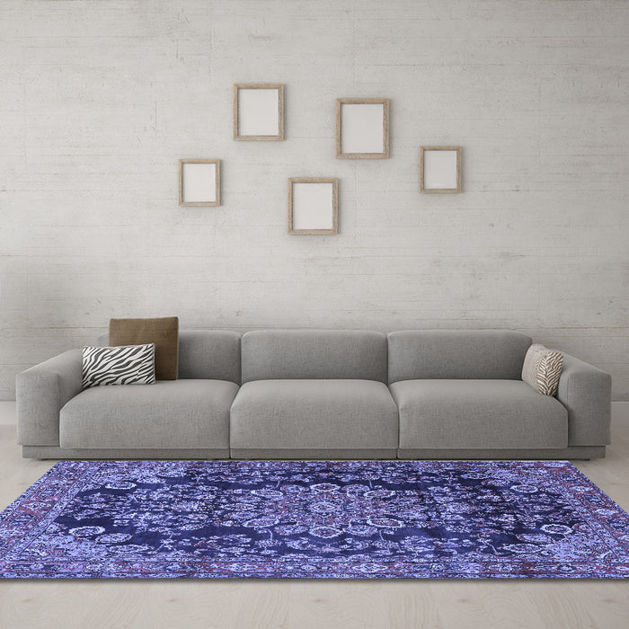 Machine Washable Medallion Blue Traditional Rug in a Living Room, wshtr2785blu