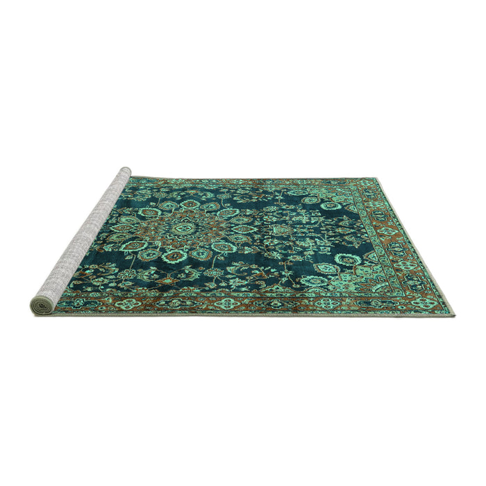 Sideview of Machine Washable Medallion Turquoise Traditional Area Rugs, wshtr2785turq