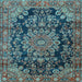 Square Machine Washable Medallion Light Blue Traditional Rug, wshtr2785lblu