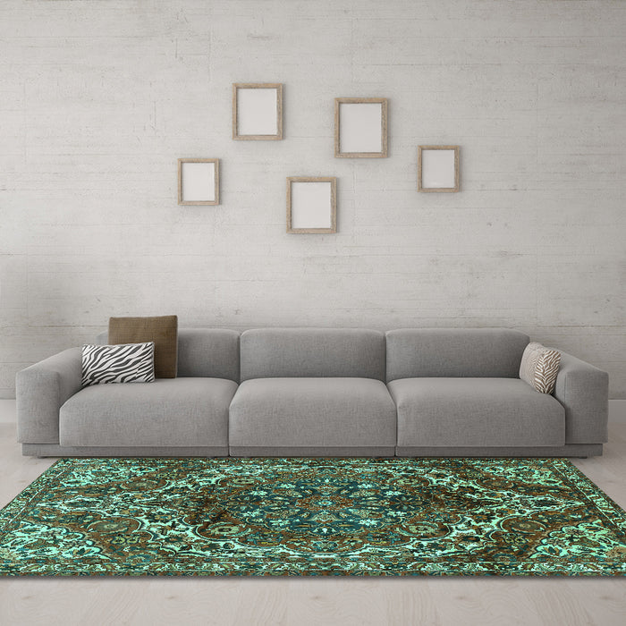Machine Washable Persian Turquoise Traditional Area Rugs in a Living Room,, wshtr2786turq