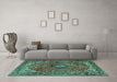 Machine Washable Medallion Turquoise Traditional Area Rugs in a Living Room,, wshtr2787turq