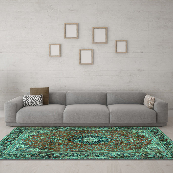 Machine Washable Medallion Turquoise Traditional Area Rugs in a Living Room,, wshtr2787turq