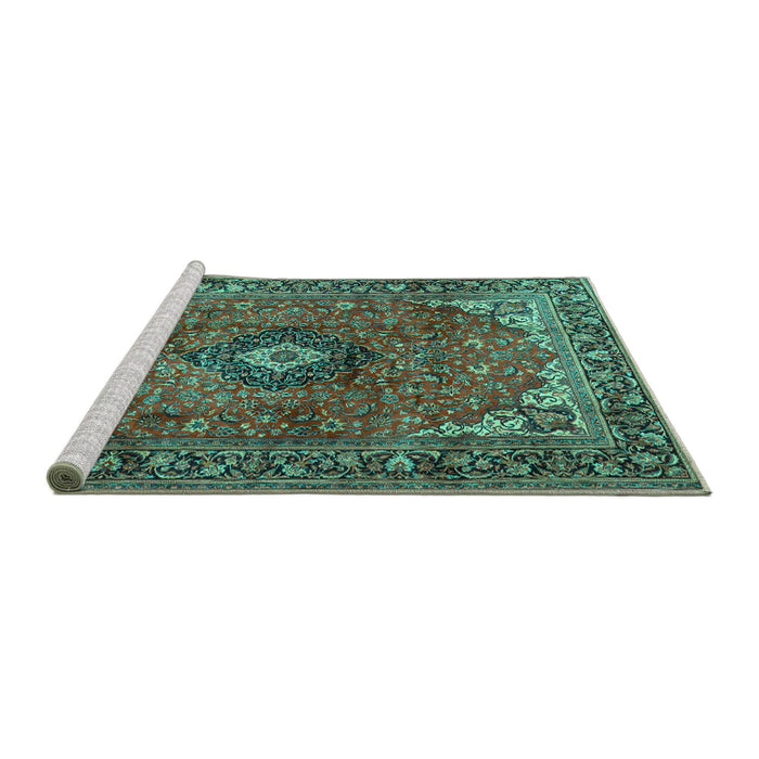 Sideview of Machine Washable Medallion Turquoise Traditional Area Rugs, wshtr2787turq