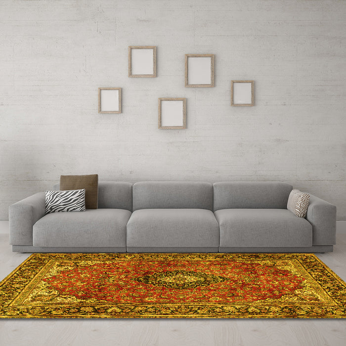 Machine Washable Medallion Yellow Traditional Rug in a Living Room, wshtr2787yw