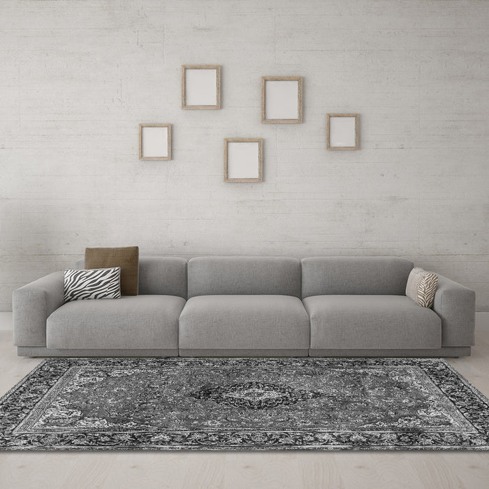 Machine Washable Medallion Gray Traditional Rug in a Living Room,, wshtr2787gry