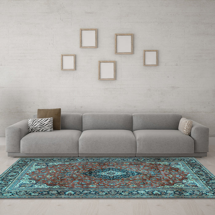 Machine Washable Medallion Light Blue Traditional Rug in a Living Room, wshtr2787lblu