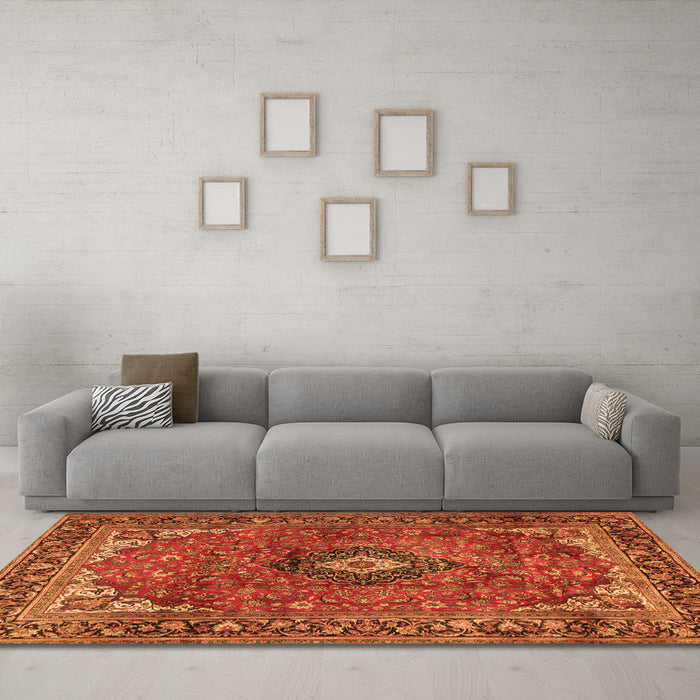Machine Washable Medallion Orange Traditional Area Rugs in a Living Room, wshtr2787org