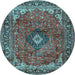 Round Machine Washable Medallion Light Blue Traditional Rug, wshtr2787lblu