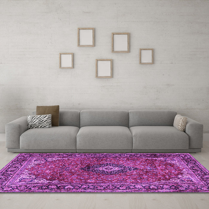 Machine Washable Medallion Purple Traditional Area Rugs in a Living Room, wshtr2787pur