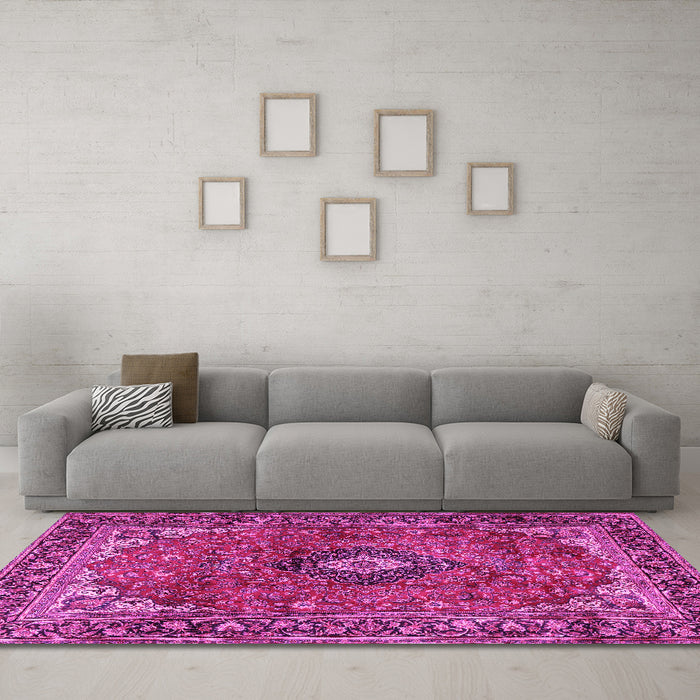 Machine Washable Medallion Pink Traditional Rug in a Living Room, wshtr2787pnk