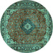 Round Machine Washable Medallion Turquoise Traditional Area Rugs, wshtr2787turq