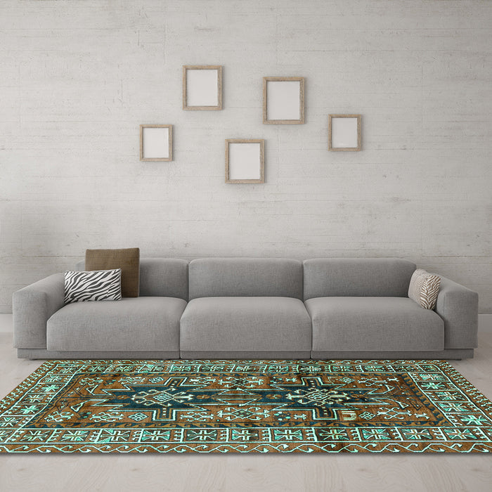 Machine Washable Persian Turquoise Traditional Area Rugs in a Living Room,, wshtr2789turq