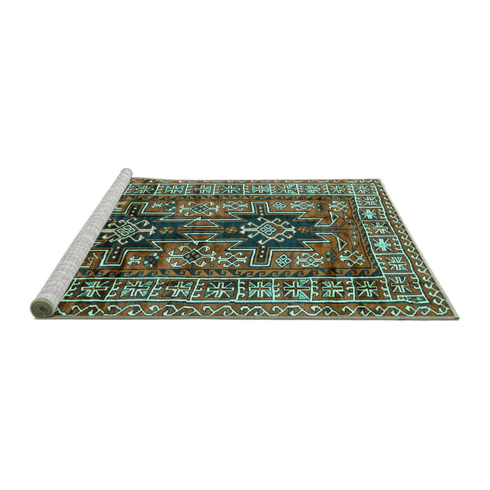 Sideview of Machine Washable Persian Turquoise Traditional Area Rugs, wshtr2789turq