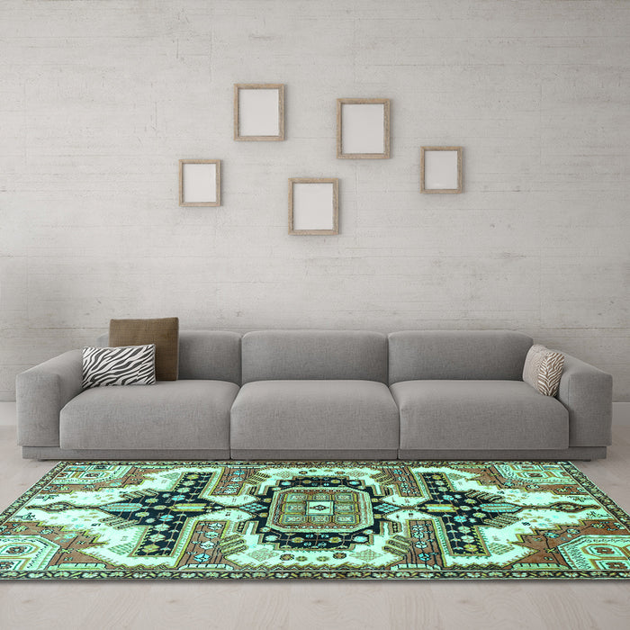 Machine Washable Persian Turquoise Traditional Area Rugs in a Living Room,, wshtr278turq