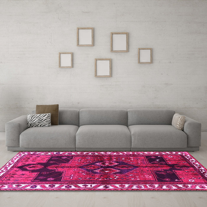 Machine Washable Persian Pink Traditional Rug in a Living Room, wshtr2793pnk