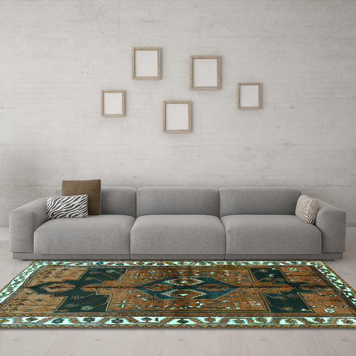 Machine Washable Persian Turquoise Traditional Area Rugs in a Living Room,, wshtr2793turq