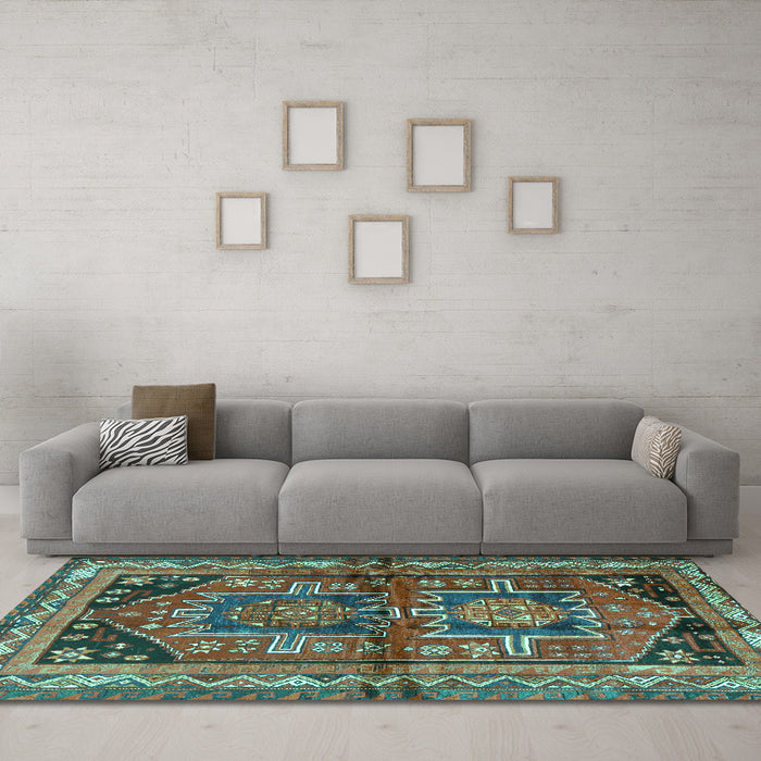 Machine Washable Persian Turquoise Traditional Area Rugs in a Living Room,, wshtr2795turq