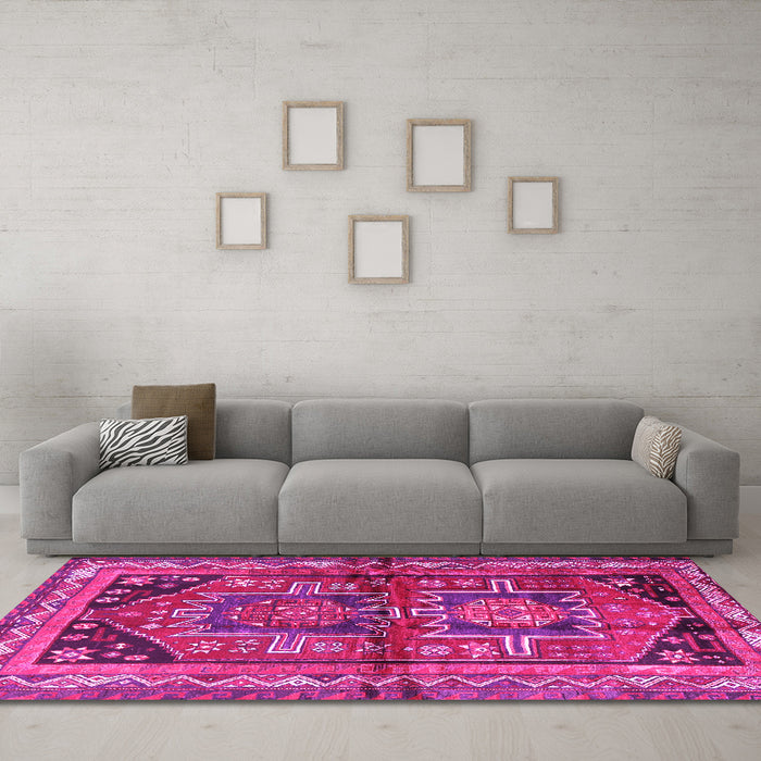 Machine Washable Persian Pink Traditional Rug in a Living Room, wshtr2795pnk