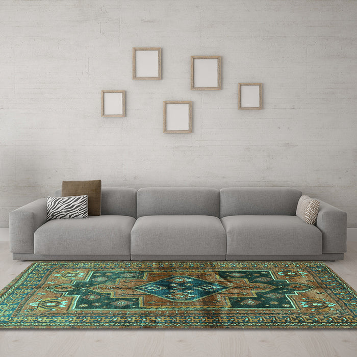 Machine Washable Persian Turquoise Traditional Area Rugs in a Living Room,, wshtr2796turq
