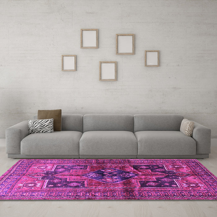 Machine Washable Persian Purple Traditional Area Rugs in a Living Room, wshtr2796pur