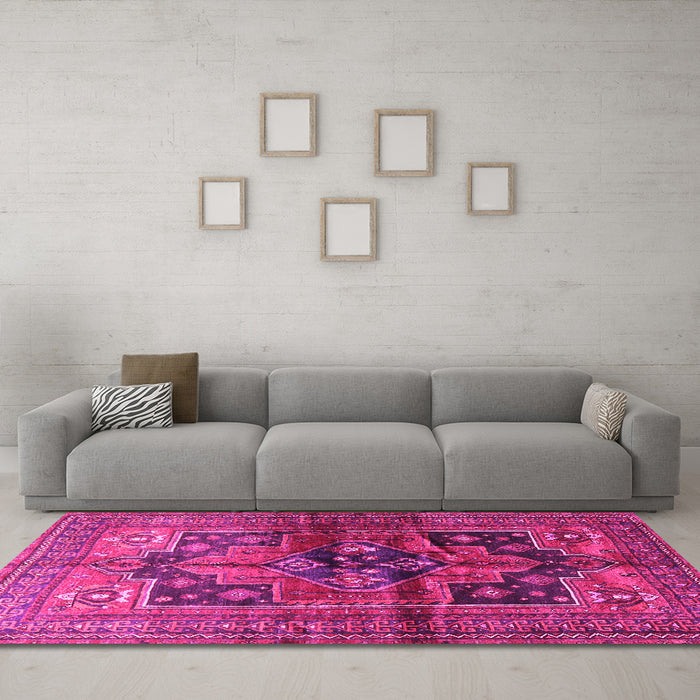 Machine Washable Persian Pink Traditional Rug in a Living Room, wshtr2796pnk