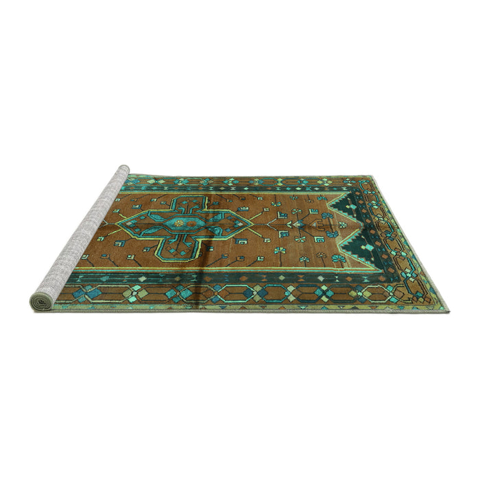 Sideview of Machine Washable Persian Turquoise Traditional Area Rugs, wshtr2797turq