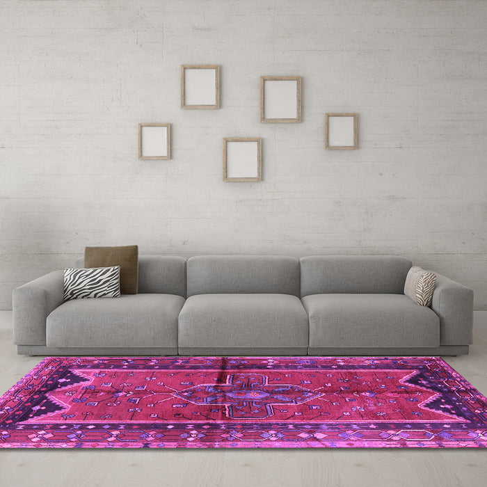 Machine Washable Persian Purple Traditional Area Rugs in a Living Room, wshtr2797pur