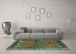 Machine Washable Persian Turquoise Traditional Area Rugs in a Living Room,, wshtr2797turq