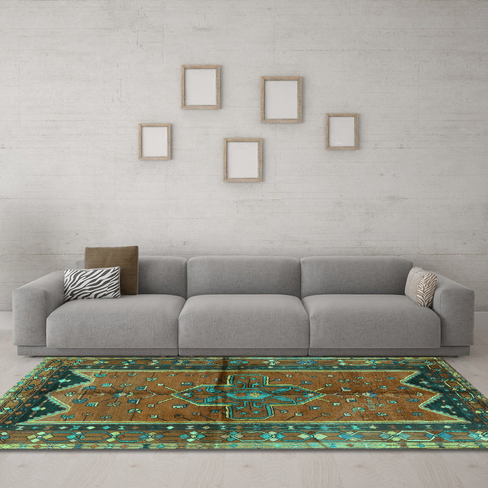 Machine Washable Persian Turquoise Traditional Area Rugs in a Living Room,, wshtr2797turq