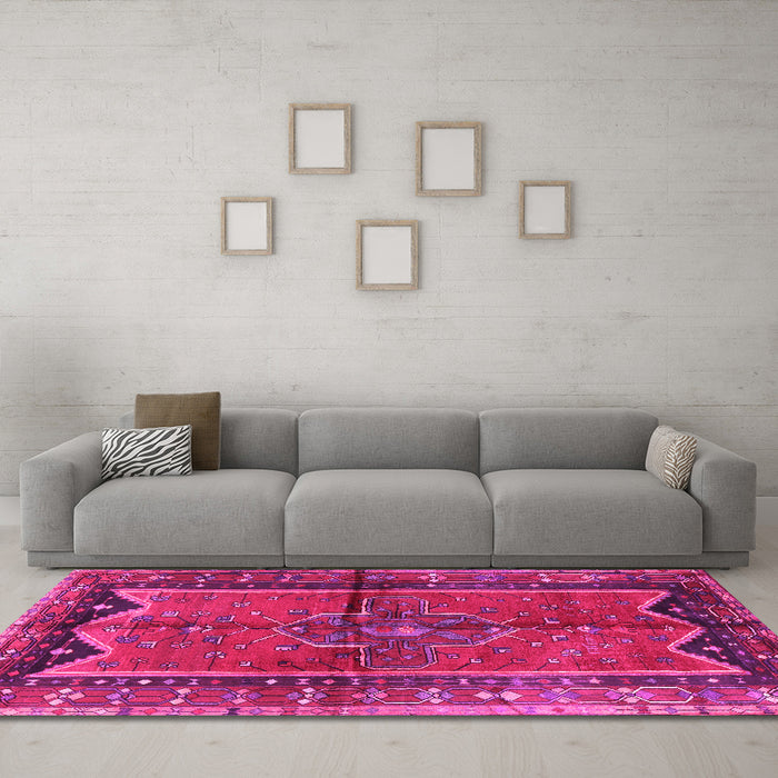 Machine Washable Persian Pink Traditional Rug in a Living Room, wshtr2797pnk