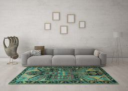 Machine Washable Persian Turquoise Traditional Area Rugs in a Living Room,, wshtr279turq