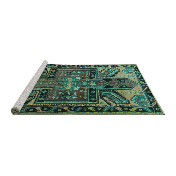 Sideview of Machine Washable Persian Turquoise Traditional Area Rugs, wshtr279turq