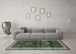 Machine Washable Persian Turquoise Traditional Area Rugs in a Living Room,, wshtr2803turq
