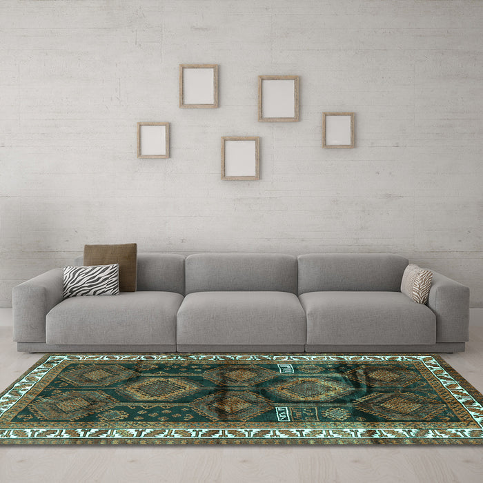 Machine Washable Persian Turquoise Traditional Area Rugs in a Living Room,, wshtr2803turq