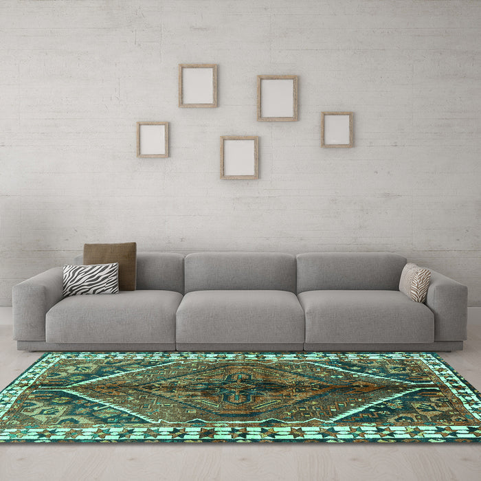 Machine Washable Persian Turquoise Traditional Area Rugs in a Living Room,, wshtr2806turq