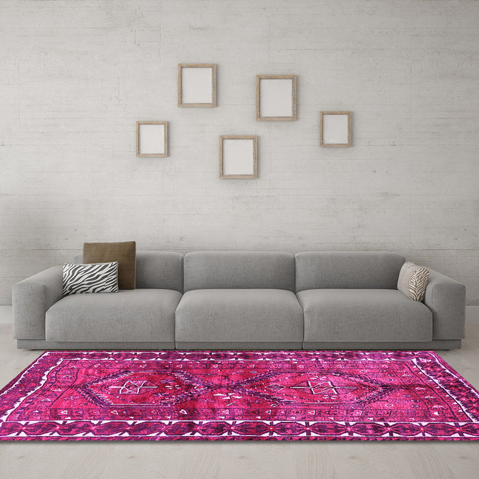 Machine Washable Persian Pink Traditional Rug in a Living Room, wshtr2807pnk