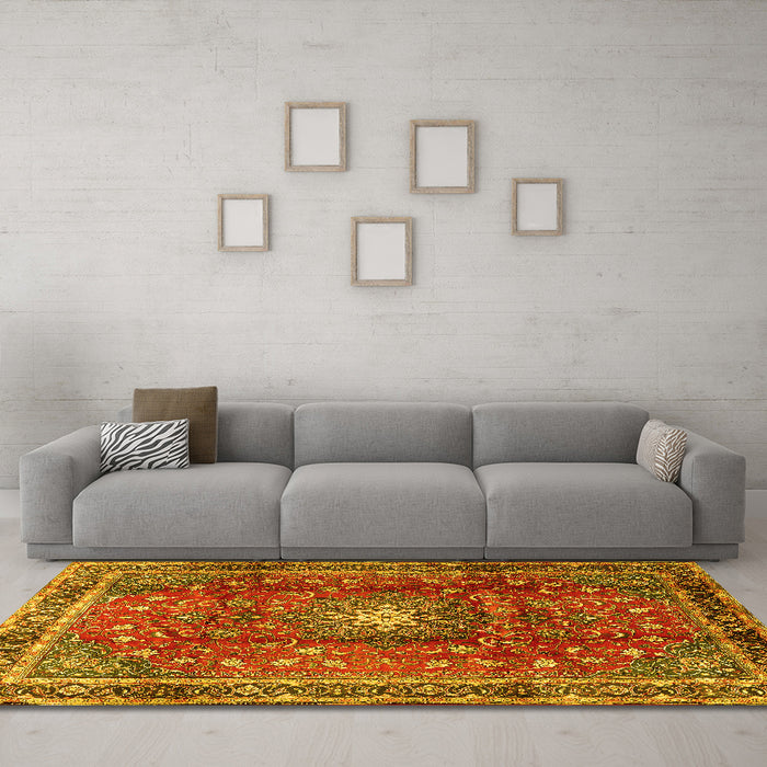 Machine Washable Persian Yellow Traditional Rug in a Living Room, wshtr2808yw