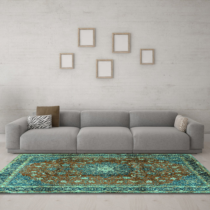 Machine Washable Persian Turquoise Traditional Area Rugs in a Living Room,, wshtr2808turq