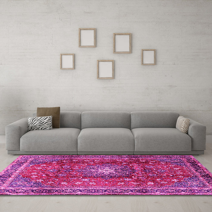 Machine Washable Persian Pink Traditional Rug in a Living Room, wshtr2808pnk