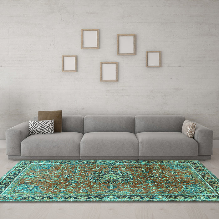 Machine Washable Persian Turquoise Traditional Area Rugs in a Living Room,, wshtr2810turq
