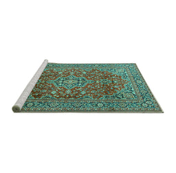 Sideview of Machine Washable Persian Turquoise Traditional Area Rugs, wshtr2811turq