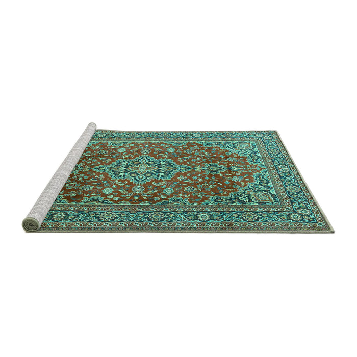 Sideview of Machine Washable Persian Turquoise Traditional Area Rugs, wshtr2811turq
